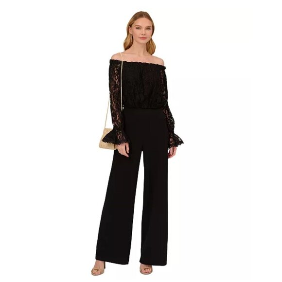 ADRIANNA PAPELL Black Off The Shoulder Lace Jumpsuit Size US 2 NEW NWOT - Picture 1 of 4